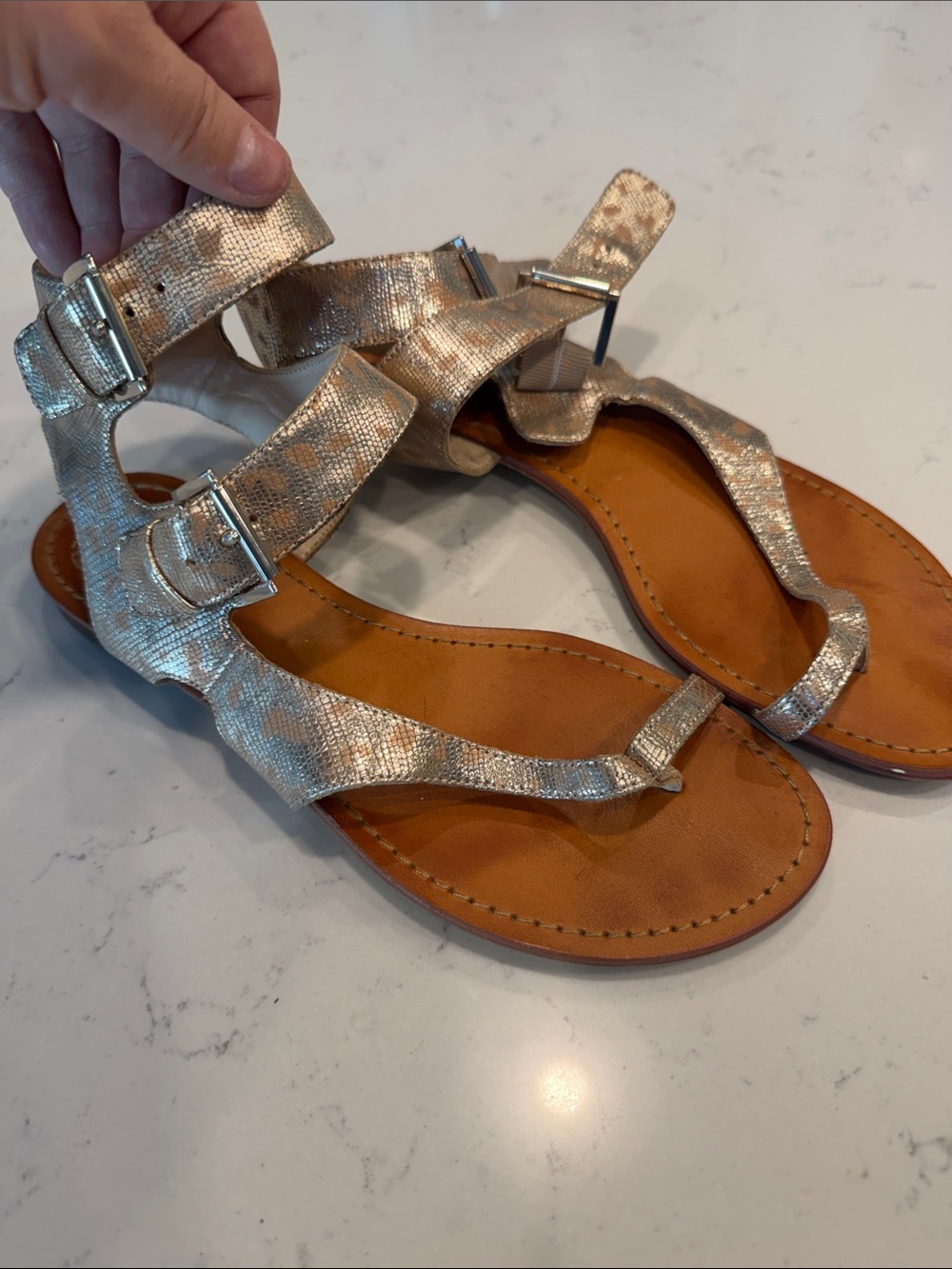 Vince Camuto Metallic Gold Textured Leather Ankle-Strap Sandals